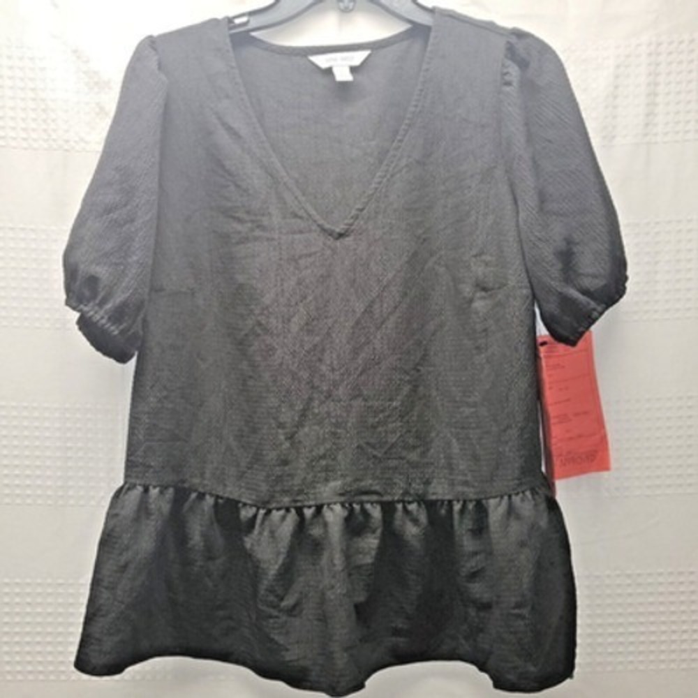 Nine West Blouse Womens Med Black Puff Sleeve Shirt V Neck Peplum Seersucker 389